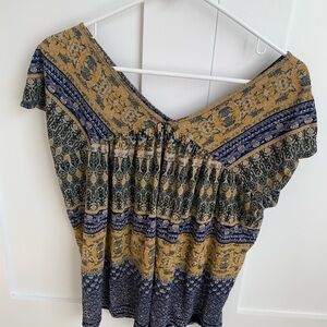 Lucky Brand Blue and Gold Patterned Blouse